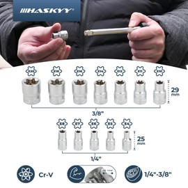 HASKYY Socket Spanner Inserts Torx Socket Set E-Profile 1/4 Inch (E4, E5, E6, E7, E8) and 3/8 Inch (E10, E11, E12, E14, E16, E18, E20) Sockets 12-Piece External Torx Socket Set