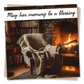 Gorgeous Sympathy Card For Loss of Loved One - Arm Chair, Fireplace, Warmth, Cosiness - May Her Memory Be A Blessing - For Bestie, Friend, Relative