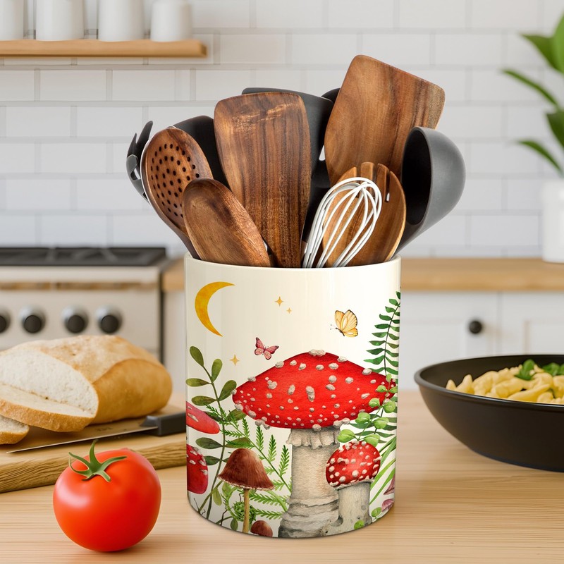 Hexagram Mushroom Decor Utensil Holder, Mushroom Kitchen Decor Ceramic Utensil