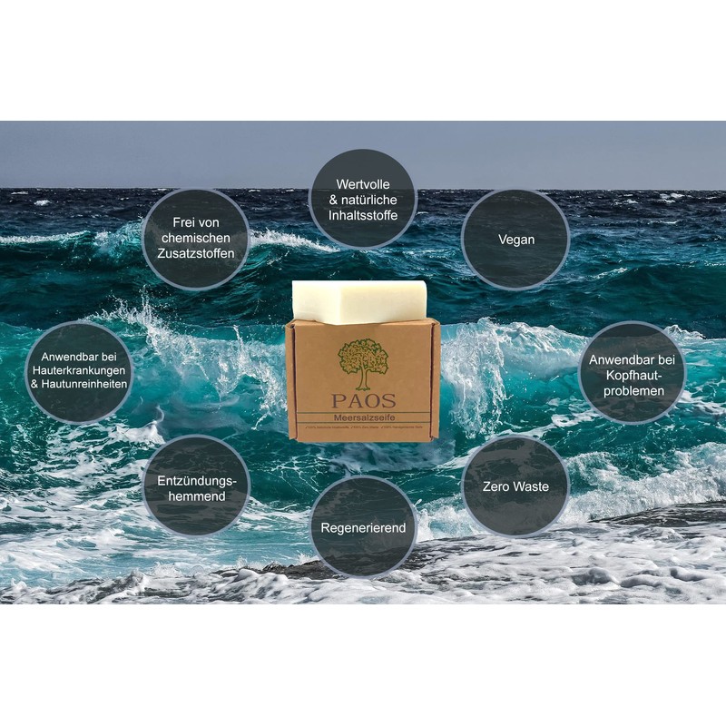 PAOS Sea Salt Soap, Approx. 150 g, Natural Soap, Acne