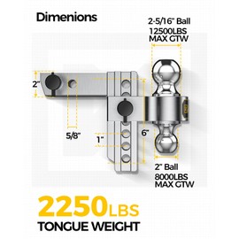 KYX Adjustable Trailer Hitch - 6 Inch Drop Hitch for 2" Receiver, Heavy Duty Ball Mount (12,500 LBS GTW) with Dual Balls (2" & 2-5/16") - Anti-Theft Locking Pins for Trucks, Aluminum Receiver Hitch
