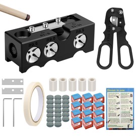 COITEK 44 pcs Billiard Repair Kit, 11-in-1 Billiards Pool Cue Tip Shaper, 1 Scissors, 20 Billiard Cue Tips, 5 Plastic Ferrules, 12 Chalk Cubes, 1 Adhesive Tape, 2 Replacement Blades, 2 Wrenches