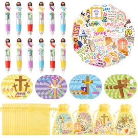CY2SIDE Jesus Religious Stationery Gift - 12 Pack Christian Bible Stationery Party Gift Include 4-in-1 Ballpoint Pen Sticky Note Sticker and Religious Party Goodie Bag Fillers for Sunday School Reward