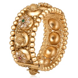 Aheli Gold Plated Synthetic Stone Studded Dome Style Thick Single Piece Openable Kada Bangle Traditional Jewellery Gift for Women Size 2.4"