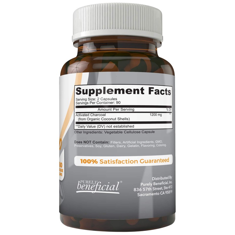 Activated Coconut Charcoal 1200mg, 180 Capsules - Pills for Digestive