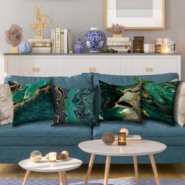 HOSTECCO Green Marble Cushion Covers 45x45 cm pack of 4 Green Gold Abstract Pillow Covers Modern Decorative Pillow Cases for Sofa Couch Bed