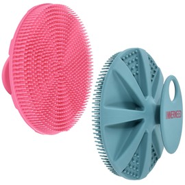 INNERNEED Food-grade Soft Silicone Body Scrubber Shower Brush Handheld Cleansing Skin Brush, Gentle Exfoliating and Lather Well (Dark Green+Pink)