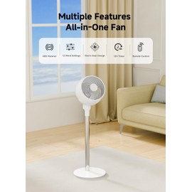 AIRMATE Standing Fan for Bedroom, 9" Blade Quiet 25dB Pedestal Fan with Remote, DC Motor, 12 Speeds, 960CFM High Airflow, 85ft, Adjustable Height (12"-37"), 12H Timer, 80° Oscillation fan, White