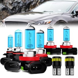 LECCIBUB Headlight Bulbs License Plate Lights Fit For Mazda 6 2014-2017,9005 High Beam + H11 Low Beam + H11 Fog Lights Halogen Light Bulb + License Plate Lights,Super Bright 6000K White,Pack of 8