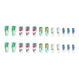 Tropical Press on Nails, 24 Pcs Long Coffin Fake Nails, Flower Leaf Designs Spring Summer Glue on Nails, Full Cover False Nails, Hawaiian Exquisite Static False Nails for Women