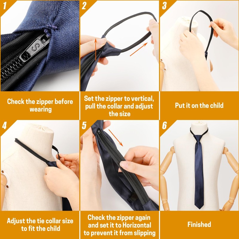 Aurya Boys'Solid Color Zipper Tie 19 inch Polyester Satin Zipper