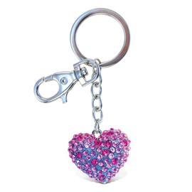 Puzzled Pink Heart Keychain - Silver 3D Sparkling Crystal Rhinestone Keychain, Stylish Silver Metal Alloy Heart Shaped Bag Pink Keychain, Cute Pink Heart Charm Keychain with Silver Clasp Key Ring