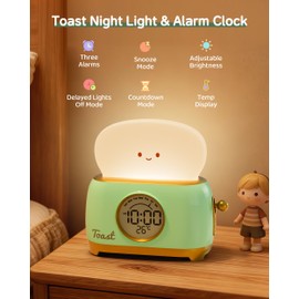 Aokpsrt Alarm Clock for Kids, Cute Toast Night Light Alarm Clocks for Bedrooms, Dimming Rechargeable Small Led Desk Clock with Snooze & Countdown for Room Decor, Bedside Clock for Teen Girls Boys