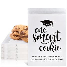 Whaline 100 Pack Graduation Candy Cookie Gift Bags One Smart Cookie Self-Adhesive Buffet Treat Bags Congrats Grad White Kraft Paper Bags Treat Gift Bags for Graduation Party Decoration Supplies