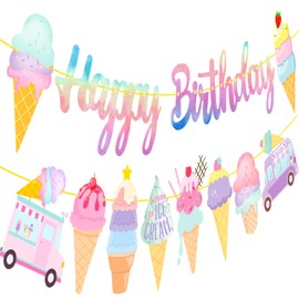 Ice Cream Birthday Party Banners Ice Cream Theme Decorations Colorful Happy Birthday Banners for Summer Theme Sweet Two Party Baby Shower Supplies