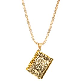 Kysin Chiys Holy Bible Book Pendant Necklace Retro Scripture Miniature Readable Bible Openable Prayer Verse Adjustable Chain Necklace for Religious Christian Jewelry Gifts for Men Women - Gold