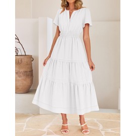 ZESICA Women's Summer Casual Midi Dresses 2025 Short Sleeve V Neck Elastic Waist Elegant Boho Flowy Long Dress with Pocket, White, Medium