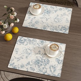 TOPICK Floral Place Mats for Table Linen Blend Table Mats Set of 4 Vintage Table Placemats Holiday Rustic Cloth Table Mats for Kitchen Dining Table Decor Washable Tablemats 13x19 Inch Blue