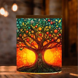 Stained Glass Tree of Life Tea Light Candle Holders, Memorial Tealight Candlesticks Votive Candle Holder, Tree of Life Battery Operated Tea Light Jar Home Decoration, 3.5"x2.8"