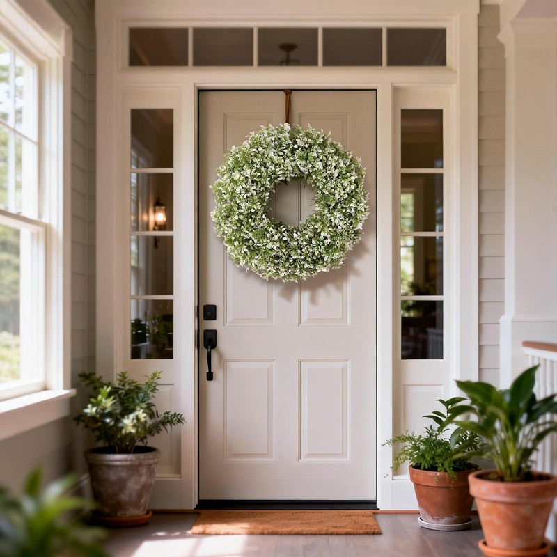 26" Large Artificial Boxwood Wreath for Front Door(White-Green)