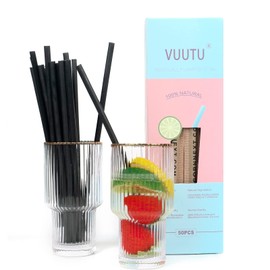 VUUTU Corn Starch Eco-Friendly Drinking Straws, Disposable, Biodegradable, Compostable, Gluten-Free, Plastic-Free, 50CT, Individually Wrapped 7.9"by 0.24" Durable for Hot & Cold Drinks (BLACK)