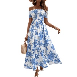 Floerns Women's Boho Ditsy Floral Print Off Shoulder Short Sleeve Split Maxi A Line Dress Blue Plant X-Large