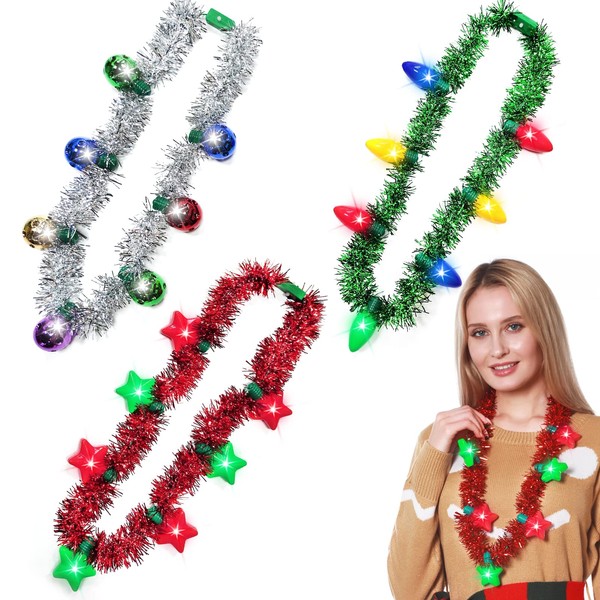 3 Pack Light Up Tinsel Garland Necklaces Colorful Bulb Stars LED Necklaces Christmas New Year Eve Party Favor Supplies Accessories for Kids Adults Xmas