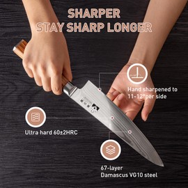 FUJUNI Damascus Chef Knife 8 inch 67-Layer Damascus VG10 Steel- Olive Wood Handle - Razor Sharp Kitchen Knife with Exquisite Box