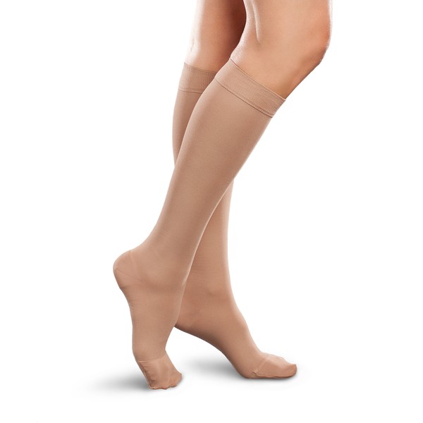 Ease Opaque Women's Knee High Support Stockings - Mild (15-20mmHg) Graduated Compression Nylons (Sand, Medium Long)