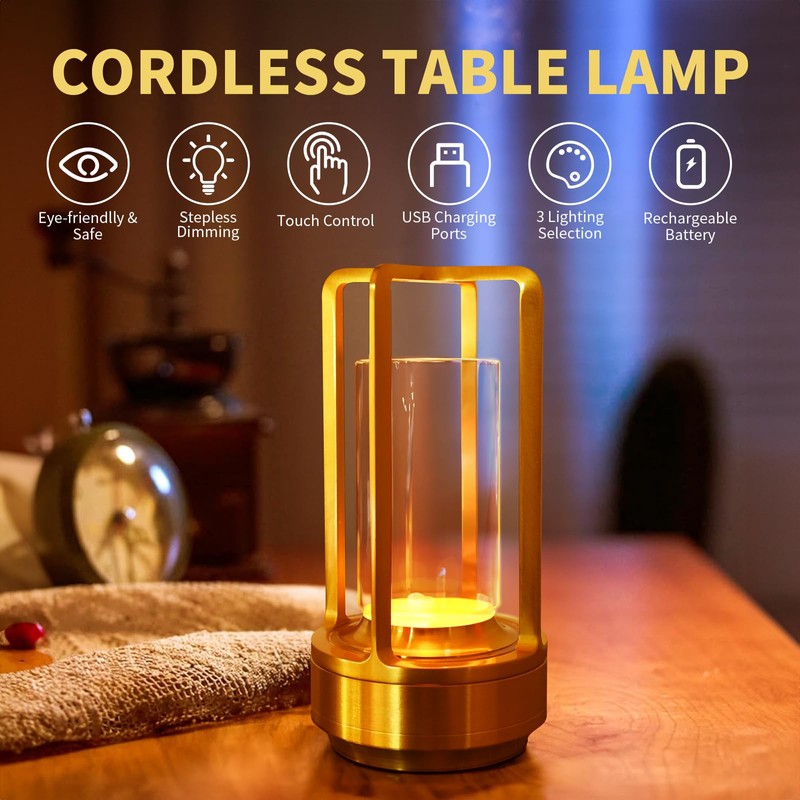 2 Pack Crystal Lantern lamp with Touch Dimming, Rechargeable LED