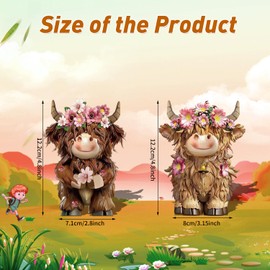 Onperpoe 2Pcs Highland Cow Ornaments, Highland Cow Garden Ornament with Pink Flower For Farmhouse Table Home Garden Party Decoration, Highland Cow Gifts for Women