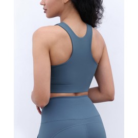 ODODOS Racerback Tank Bra for Women High Neck Non Padded Medium Support Sports Bra Workout Yoga Crop Tops, Ink Blue, X-Small