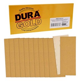 Dura-Gold Premium Sandpaper - 40 Grit - 1/3 Sheet Size Wood Workers Gold, 3-2/3" x 9" with Hook & Loop Backing - Box of 12 Sheets - Hand Sand, Block Sanding, Use Jitterbug Sander - Woodworking, Auto