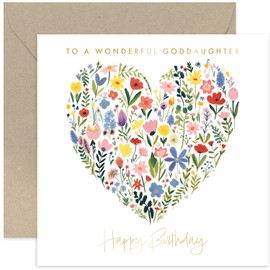 Old English Co. Wonderful Goddaughter Birthday Card for Her - Floral Heart Painting Gold Foil Card - Cute Birthday Card for Female - Women Birthday Card Gifts - Flower Card | Blank Inside Envelope