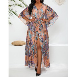 VERWIN Print Maxi Dress Chiffon Dress Button Down Belted Dress with Pockets Floral Half Sleeve Dress XL Brown