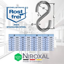 NietFullThings Symmetrical S Hook Stainless Steel V2A S-Hook Diameter 6 mm Thickness 48 mm Length Metal Hook for Hanging Stainless Steel Hook for Hanging Decoration