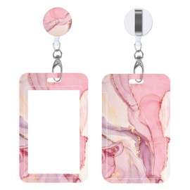 Badge Reels Retractable with Carabiner Reel Clip, Worker Badge Holder Belt Ferrule, Identity ID Badge Holder Case, Nurse Doctor Office School Teacher Name Credit Card Pocket (H-Marble Pink)