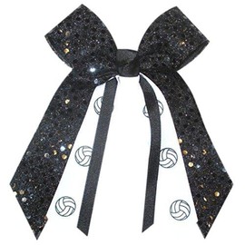 Volleyball Sequin Hair Bow, Made in the USA, White Pony Band (Black), many colors