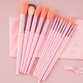 Professional 13 Piece Foundation Concealer Brush Set with Storage Bag for Makeup, Synthetic Makeup Brushes for Powder Foundation Concealer Eyeshadow Blush Highlighter Contour Makeup Brushes (Pink)