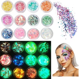 Pack of 12 Fluorescent Glitter, Face Body Glitter, Glitter Powder Sequin Set, Fancy Dress Makeup Glitter, Sequin Glitter Powder for Nails, Make-up, Body, Hair, DIY, Resin, Party