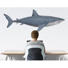 Great White Shark Wall Decal Peel and Stick Giant Life Size (4.2ft Long) Graphic Sticker 19in Tall X 50in Wide #6084s (Facing Right)