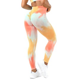 MAXXIM Tie Dye Workout Leggings For Women Scrunch Seamless Tights High Wasted Gym Yoga Pants Orange Sunrise Large