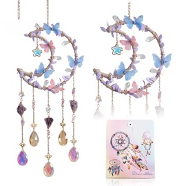Purple Suncatcher, Dreamsum Crystal Hanging Suncatcher Butterfly Sun Catchers Indoor Window Crystals with Colored Natural Stone Hanging for Bedroom Home Decor Bless Gift Wedding Party (Purple)