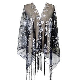 L'VOW Women's Glittering 1920s Scarf Mesh Sequin Wedding Cape Fringed Evening Shawl Wrap(Silver and Black)