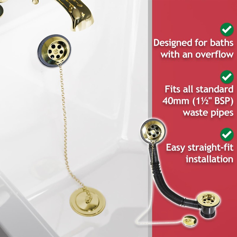 SPARES2GO Bath Combination Waste Plug and Chain Luxury Gold Brass