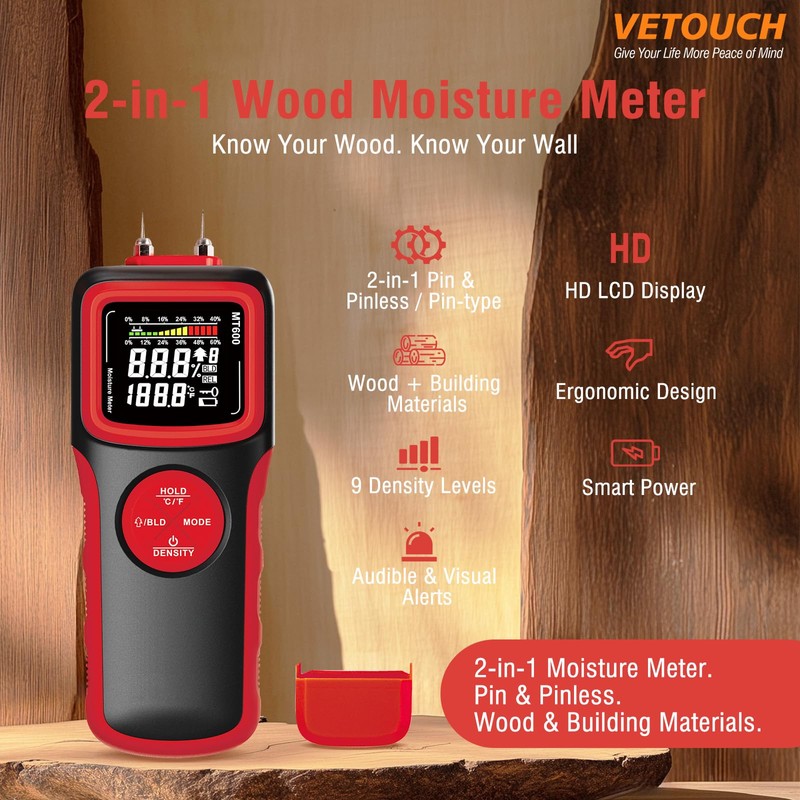 VETOUCH 2 in 1 Pin & Pinless Wood Moisture Meter,