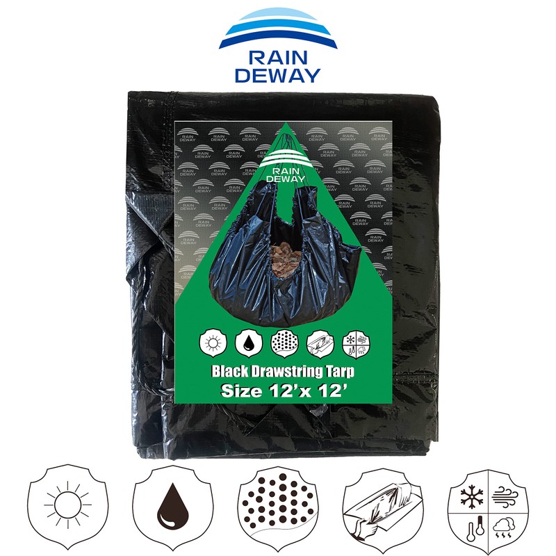 Drawstring Tarp 12x12 Feet, 9 mil Black Poly Yard Tarp