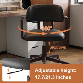 BERYTH Home Office Desk Chair, Mid-Century Style Desk Chair with Padded Arms, Adjustable Seat Height, Mid Back 360° Small Computer Chair with Mobile Mute Wheel, PU Leather (Black)