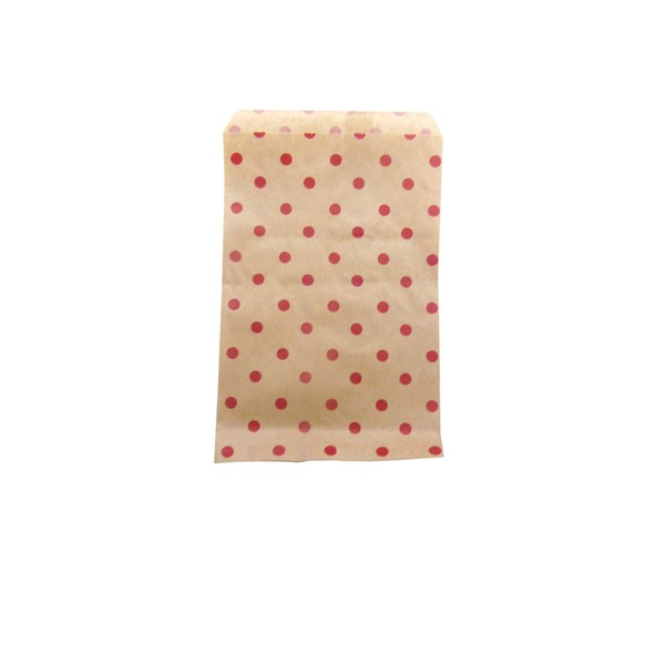 N'icePackaging 100 Qty 4" x 6" Decorative Flat Paper Gift Bags - Red Polka-Dot on Brown Kraft Bags - for Sales Merchandise/Candy/Cookies/Party Favors/Pens/Gifts