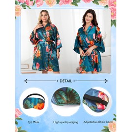 EPLAZA Women Floral Silky Satin Robe Wedding Bridal Party Bride Bridesmaid Robes Kimono Loungewear Dressing Gowns (Teal, Small-Medium)